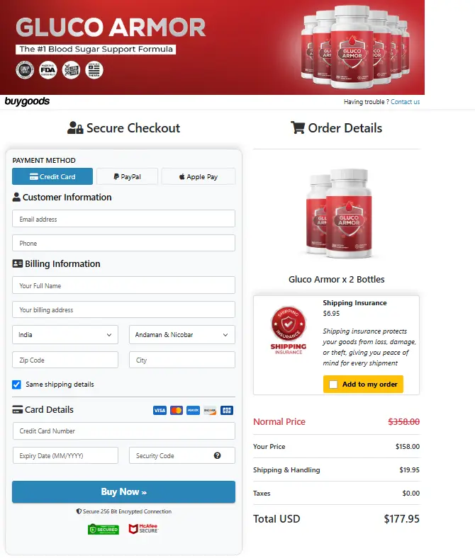 Gluco Armor Checkout Payment Preview